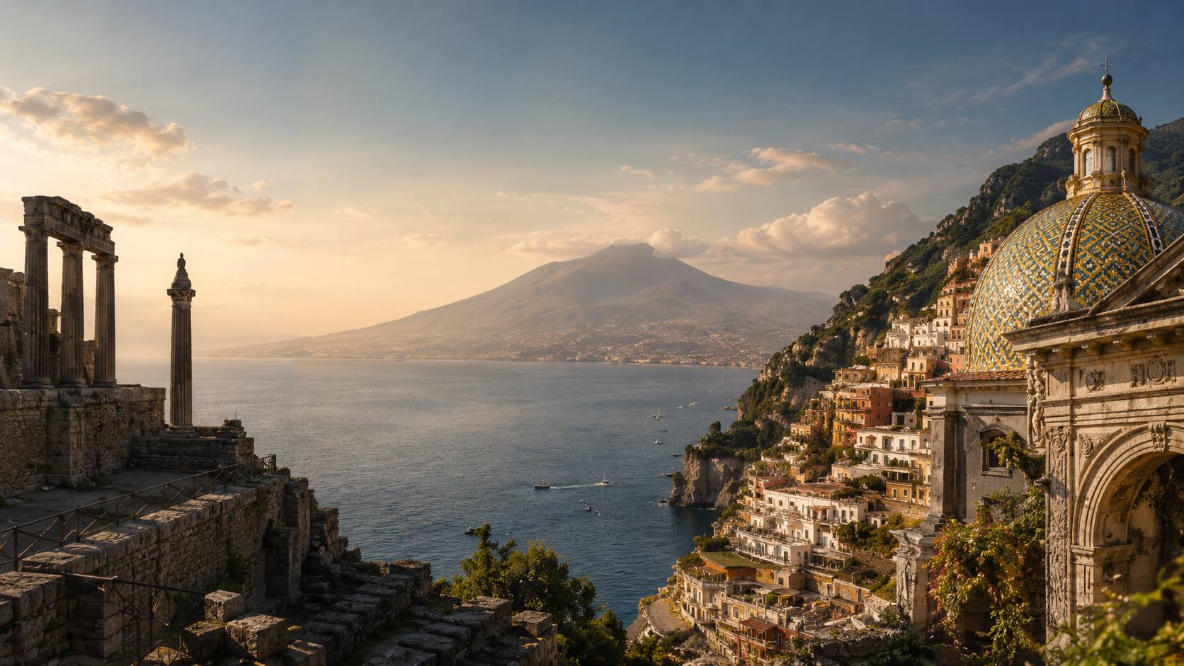 Vesuvio dal Golfo, rovine archeologiche e cupola maiolicata costiera